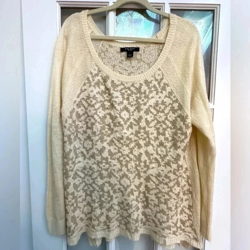 Nine West | Cream Golden Metallic Leopard Print Sweater Size L Large